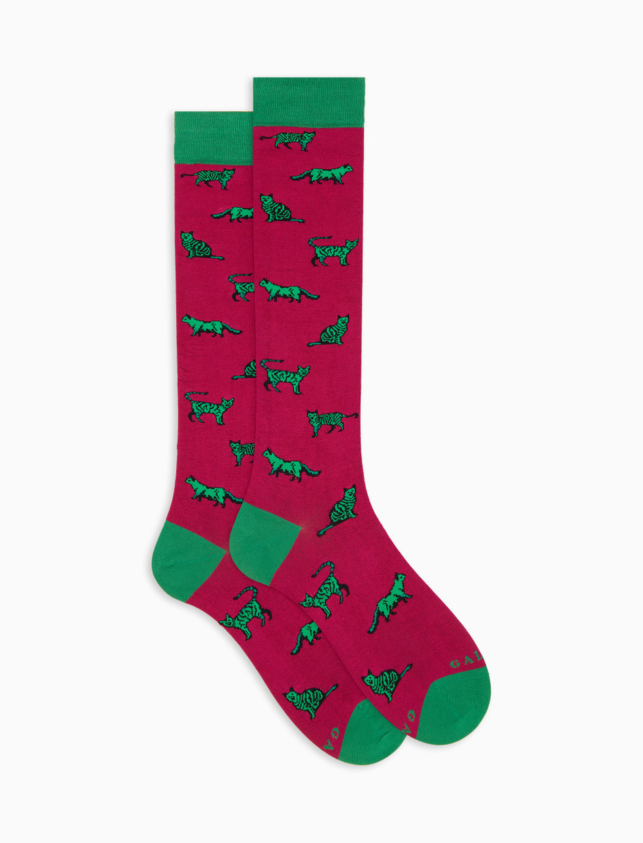 Women's long socks in fuchsia cotton with cat pattern - Gallo 1927 - Official Online Shop