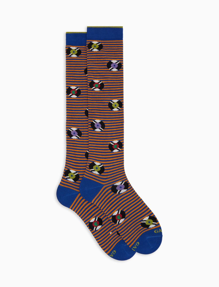 Men's long socks in blue cotton with vinyl record pattern - Gallo 1927 - Official Online Shop