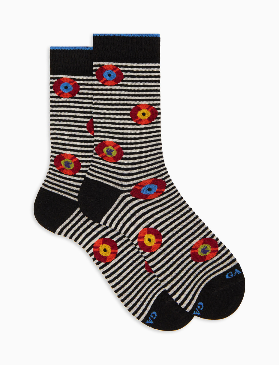 Men's short socks in black cotton with vinyl record pattern - Gallo 1927 - Official Online Shop