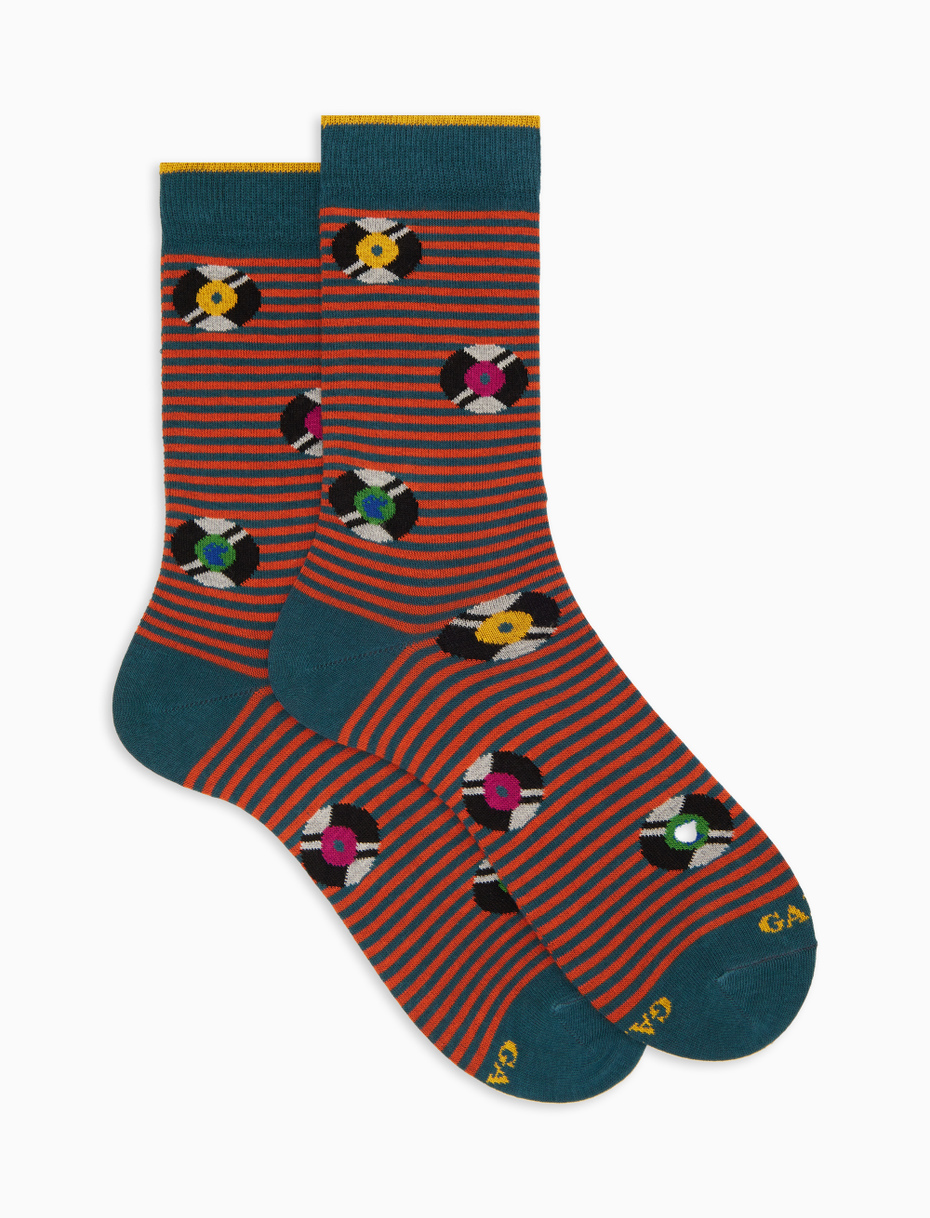 Men's short socks in green cotton with vinyl record pattern - Gallo 1927 - Official Online Shop