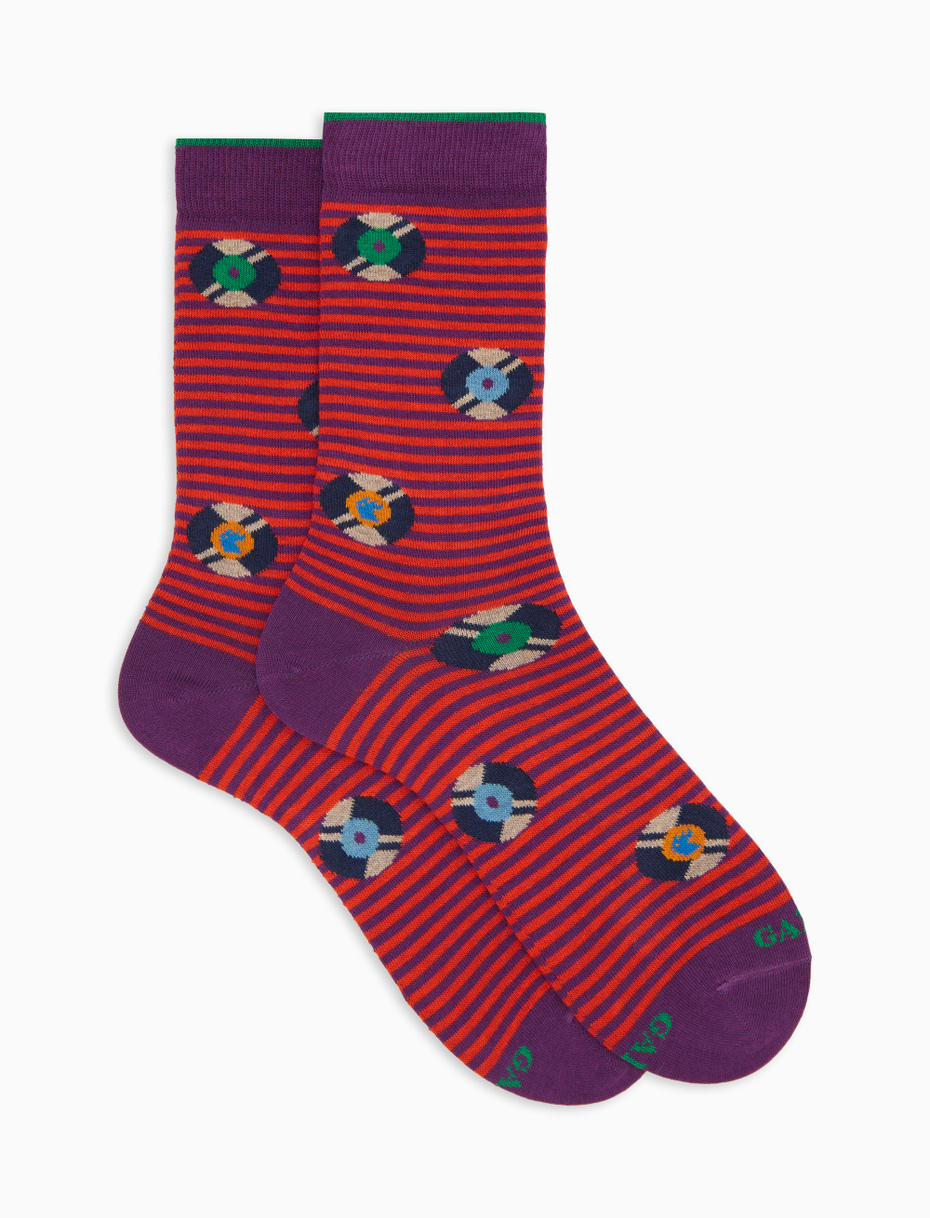 Women's short socks in purple cotton with vinyl record pattern - Gallo 1927 - Official Online Shop