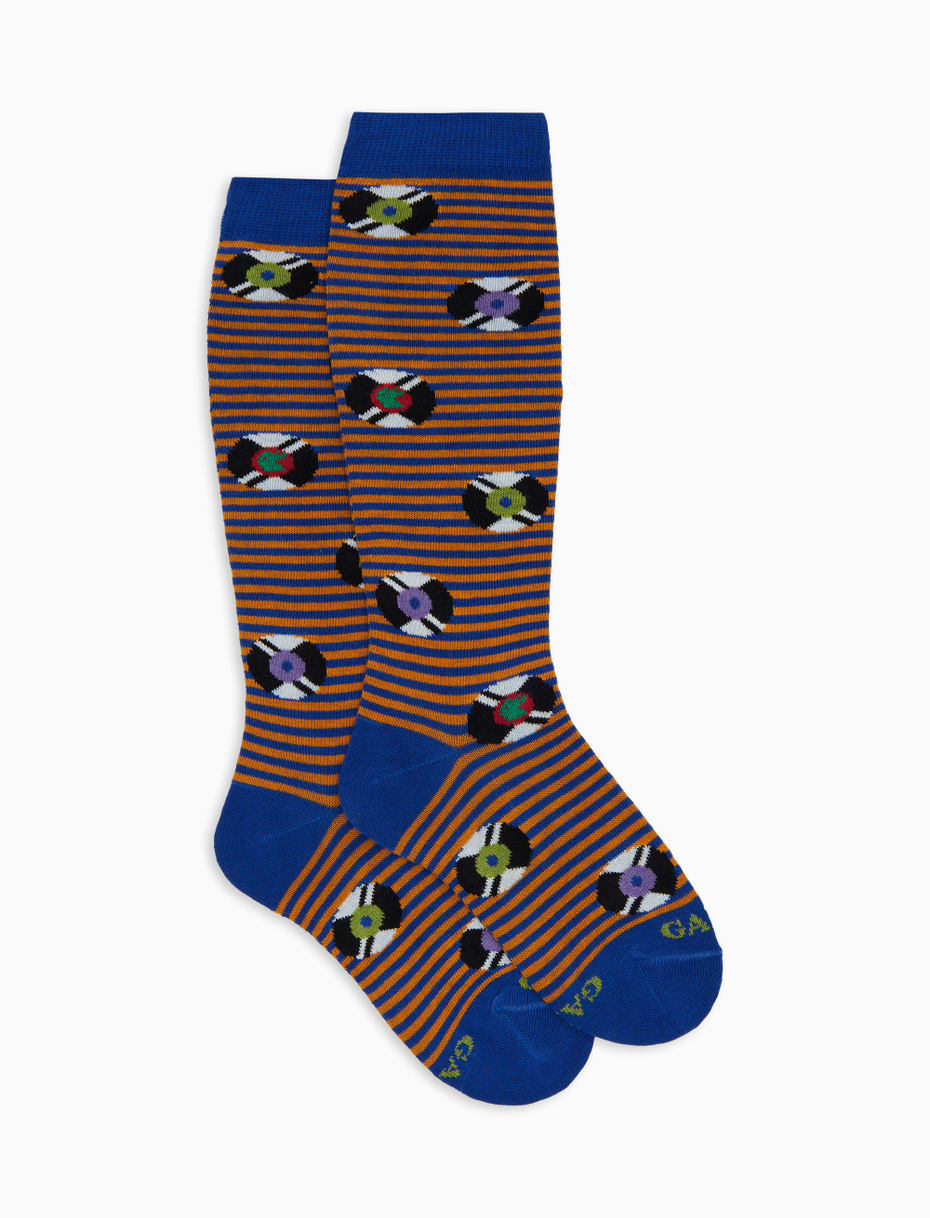 Children's long socks in blue cotton with vinyl record pattern - Gallo 1927 - Official Online Shop