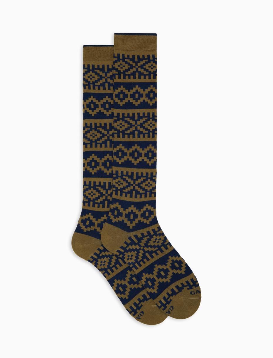Men's long socks in blue cotton with Christmas Greek pattern - Gallo 1927 - Official Online Shop