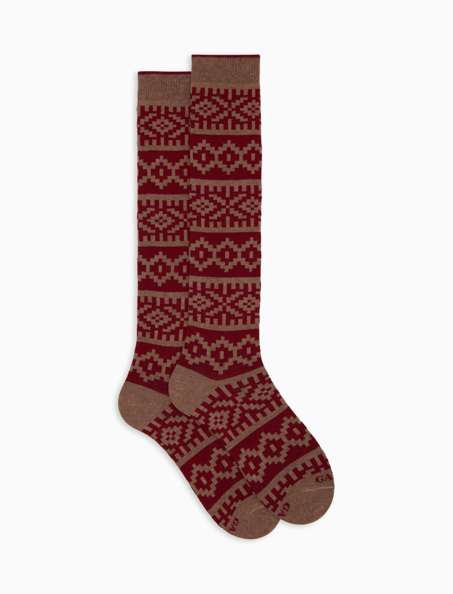 Women's long socks in burgundy cotton with Christmas Greek pattern - Gallo 1927 - Official Online Shop