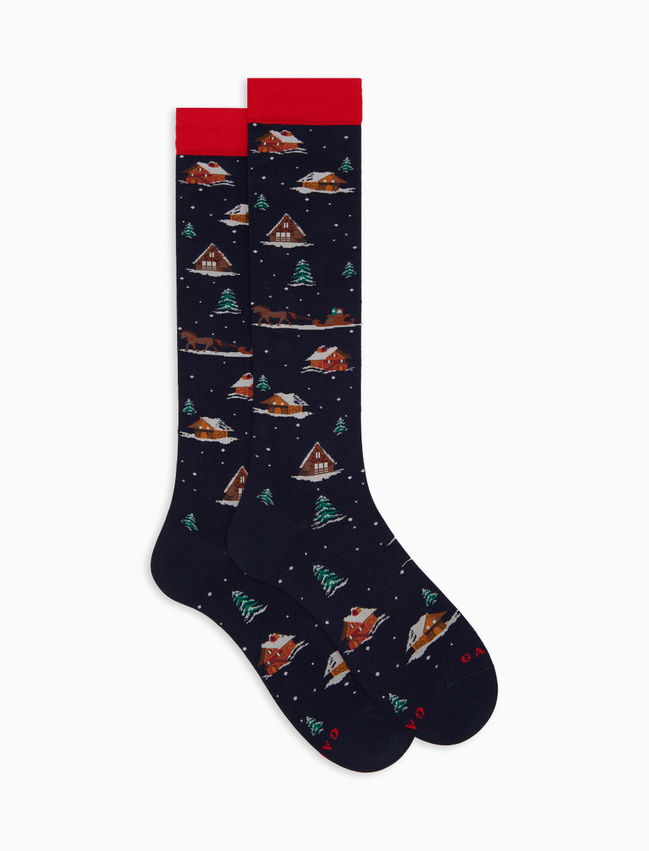 Men's long socks in blue cotton with snow-covered mountain hut pattern - Gallo 1927 - Official Online Shop