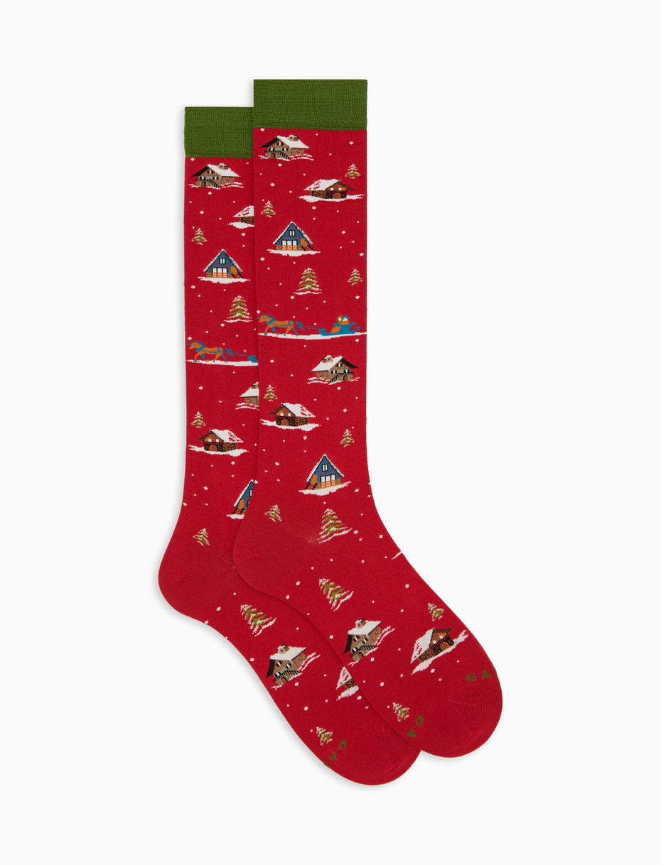Men's long socks in red cotton with snow-covered mountain hut pattern - Gallo 1927 - Official Online Shop