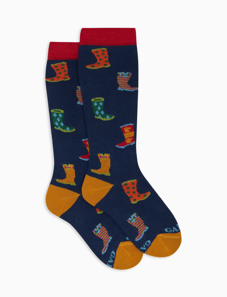 Children's long blue cotton socks with rain boot pattern - Gallo 1927 - Official Online Shop