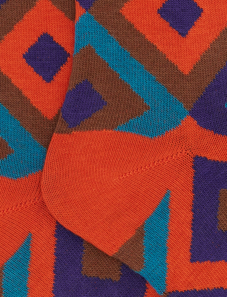 Children's long orange cotton socks with concentric diamond pattern - Gallo 1927 - Official Online Shop