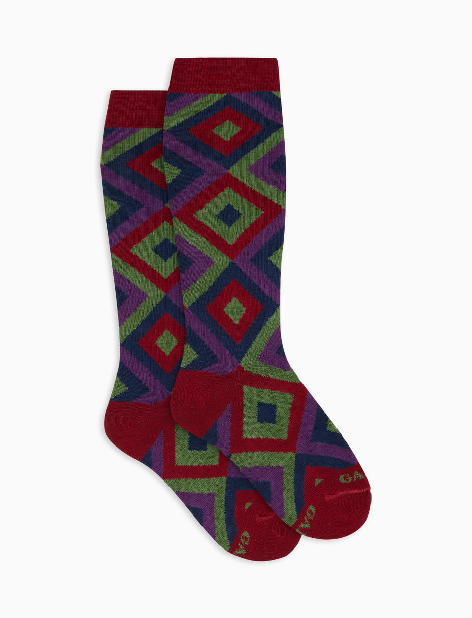 Long socks for children in burgundy cotton with concentric diamond pattern - Gallo 1927 - Official Online Shop