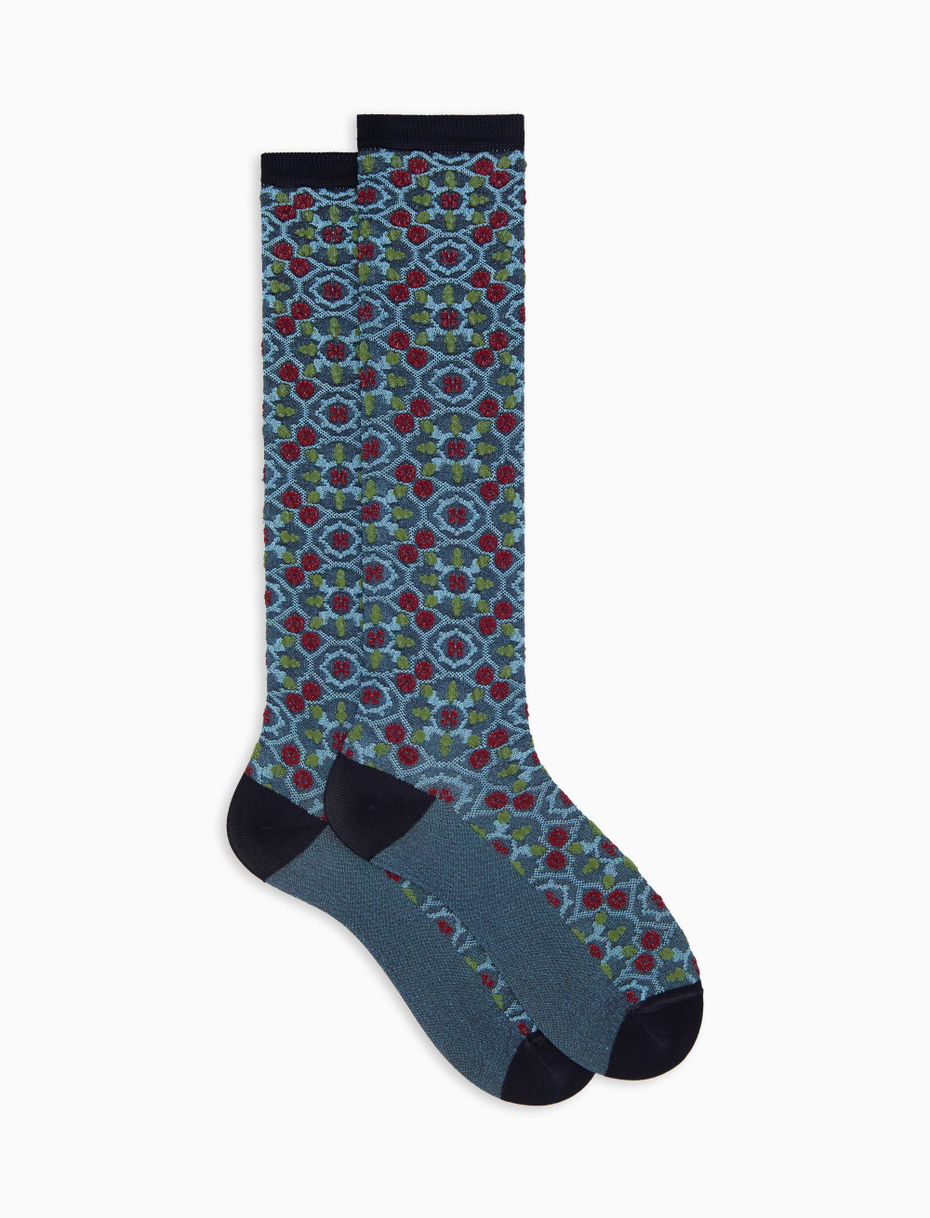 Women's long viscose socks with blue tile pattern - Gallo 1927 - Official Online Shop