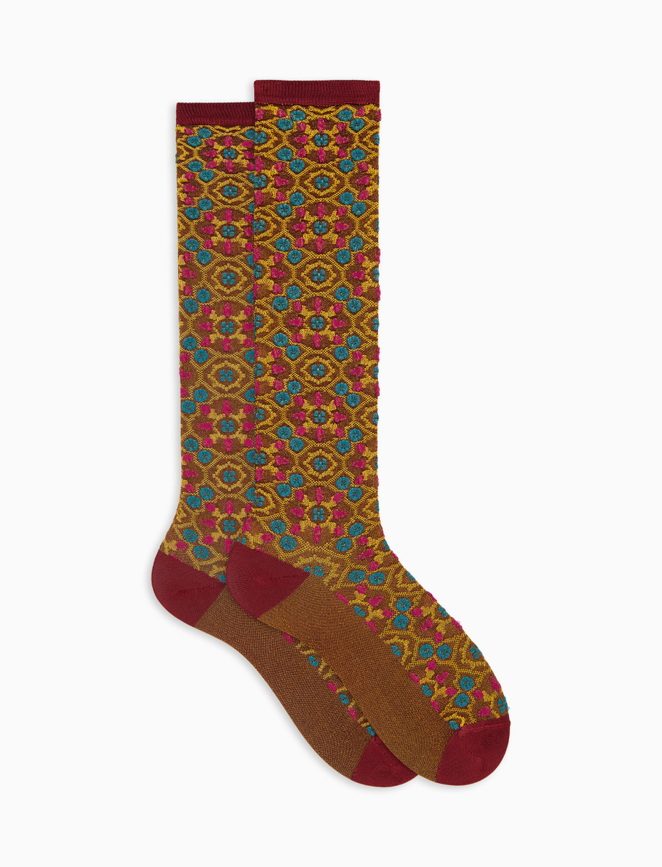 Women's long viscose socks with burgundy tile pattern - Gallo 1927 - Official Online Shop
