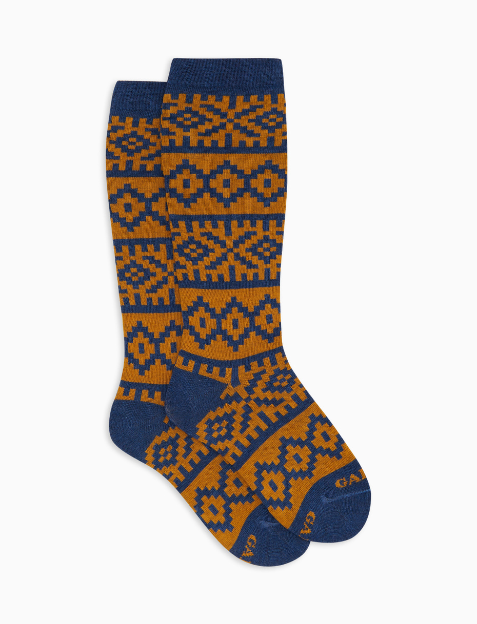 Children's long cotton socks with yellow Christmas Greek pattern - Gallo 1927 - Official Online Shop