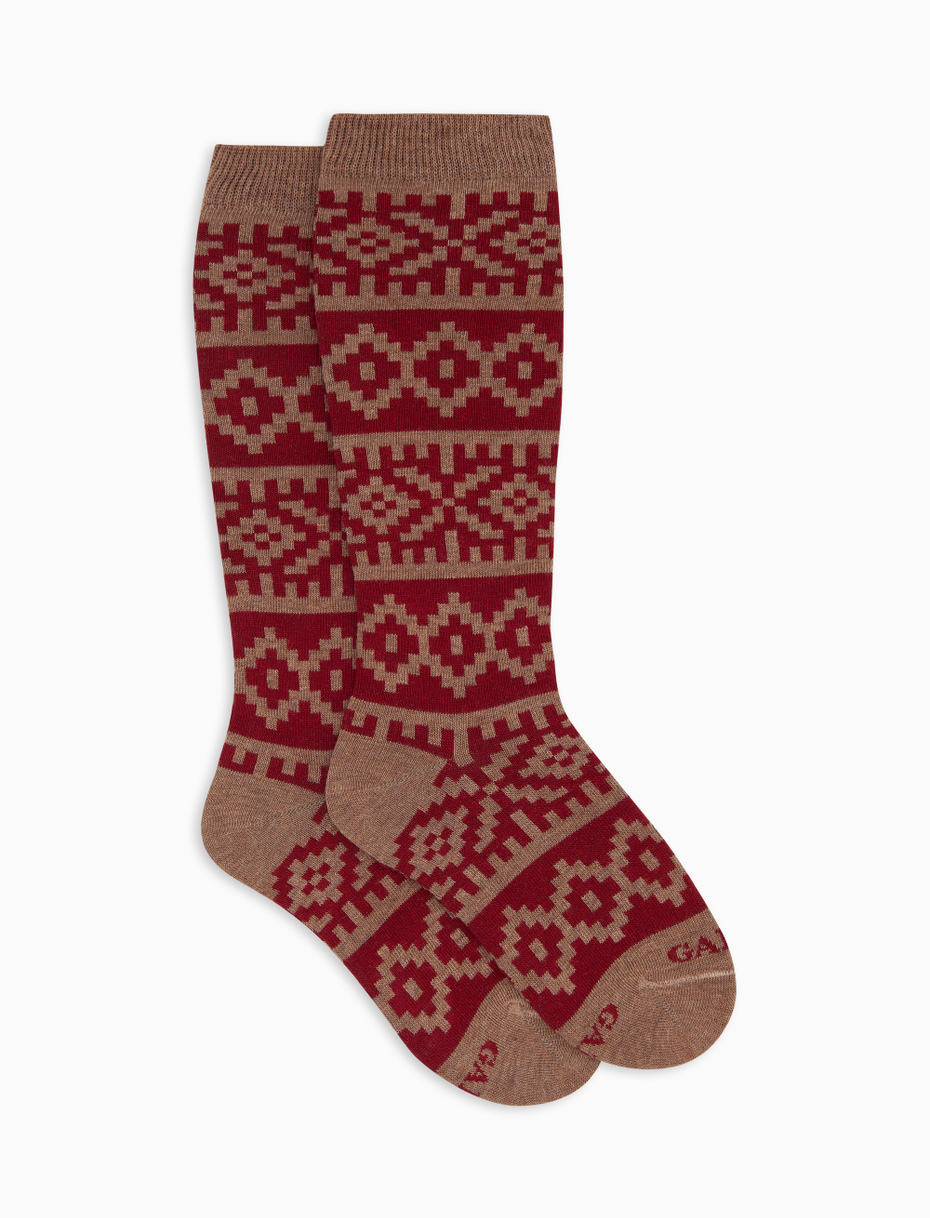Children's long socks in burgundy cotton with Christmas Greek pattern - Gallo 1927 - Official Online Shop