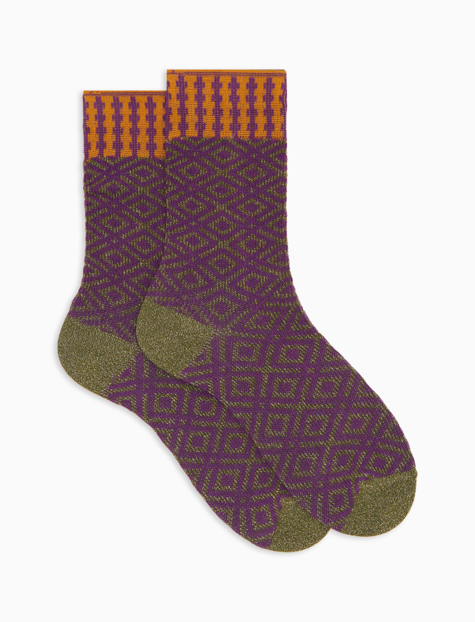 Women's short socks in purple cotton with geometric pattern and glitter effect - Gallo 1927 - Official Online Shop