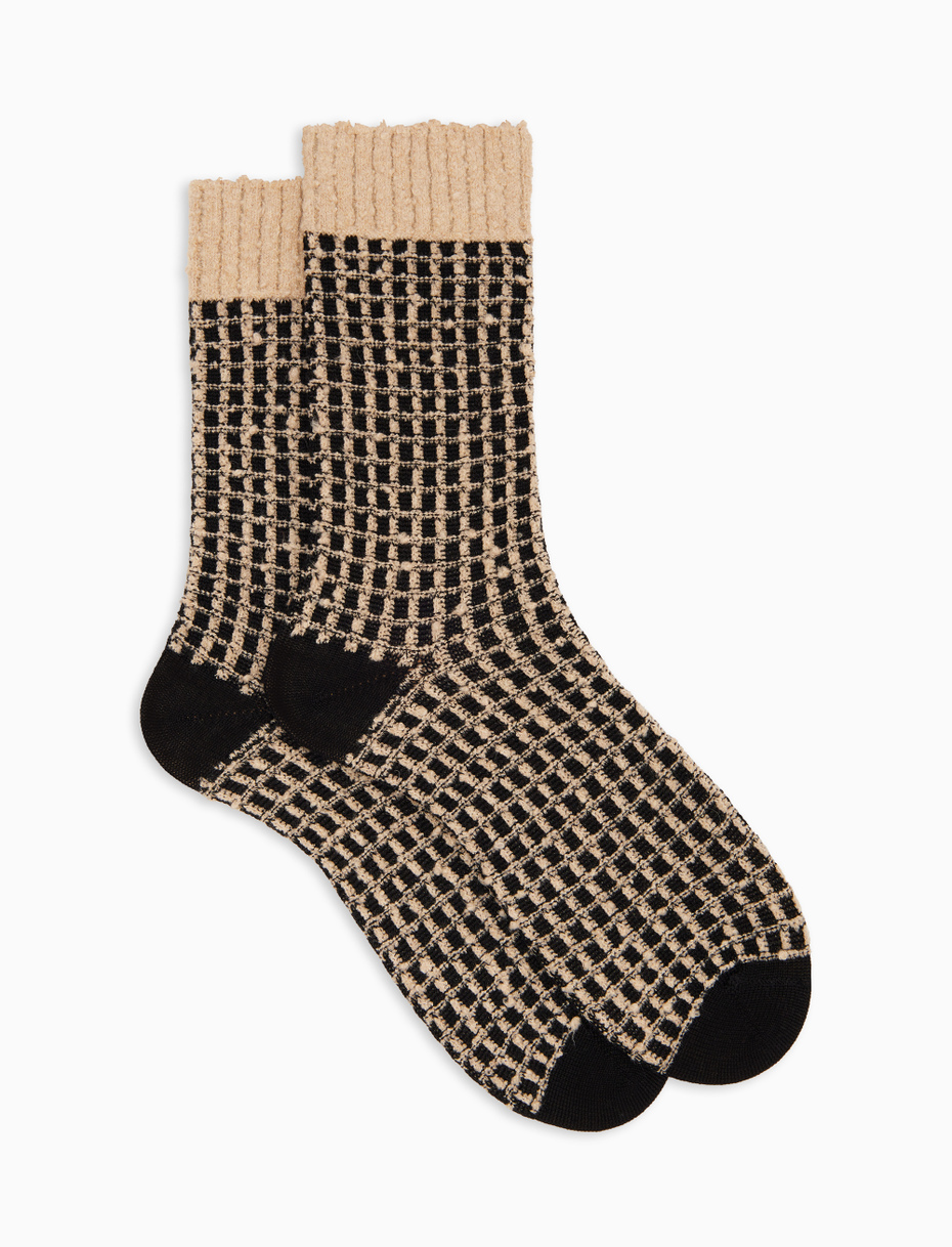 Unisex short socks in wool, silk, and cashmere with black lattice pattern - Gallo 1927 - Official Online Shop