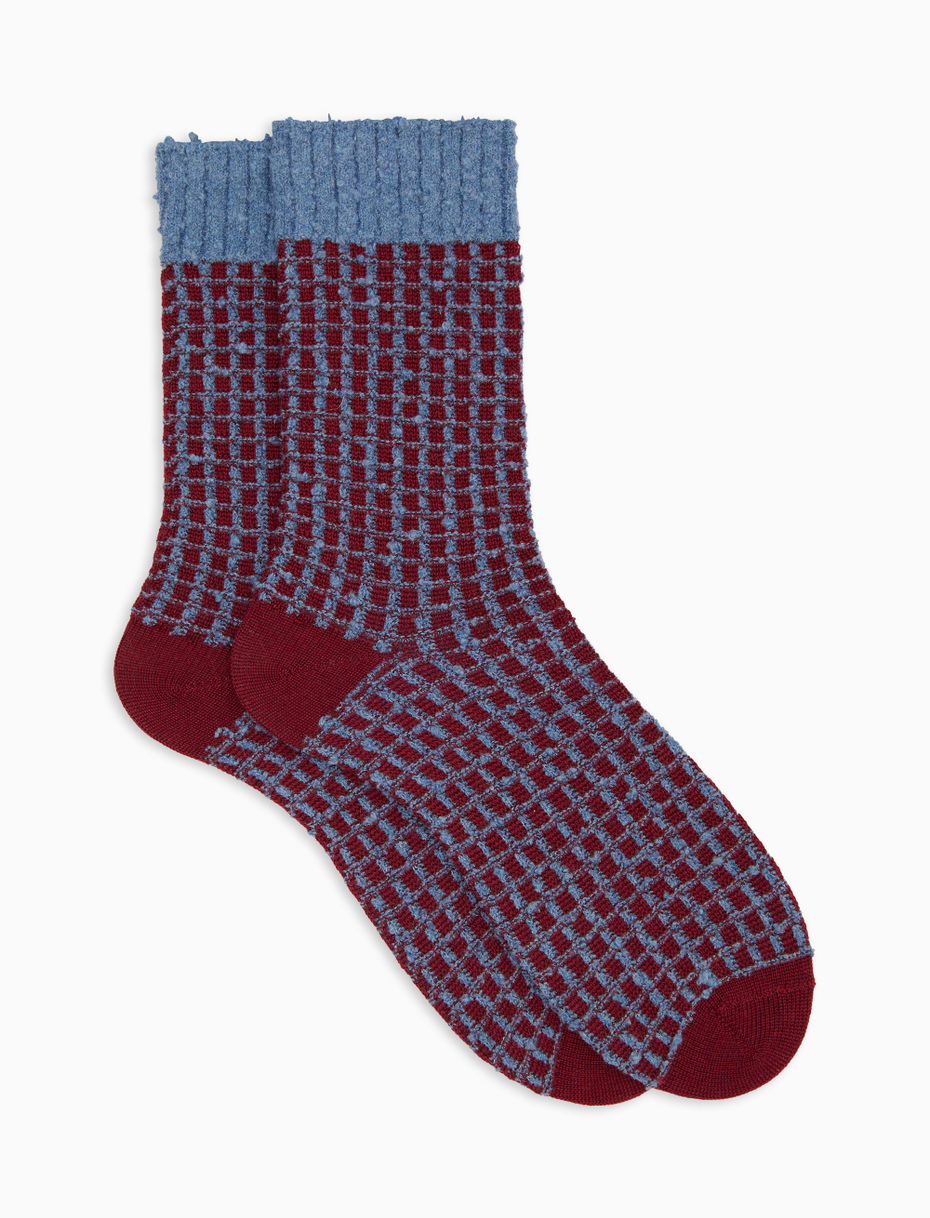 Unisex short socks in wool, silk, and cashmere with burgundy lattice pattern - Gallo 1927 - Official Online Shop