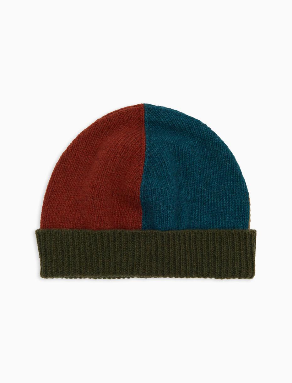 Unisex green wool cap with turn-up and color block pattern - Gallo 1927 - Official Online Shop