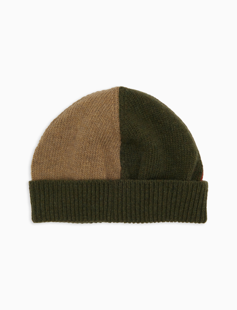 Unisex green wool cap with turn-up and color block pattern - Gallo 1927 - Official Online Shop
