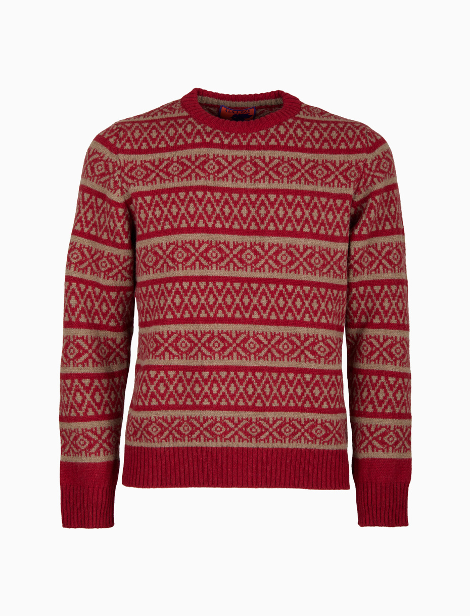 Men's round neck wool pullover in burgundy with Christmas Greek pattern - Gallo 1927 - Official Online Shop