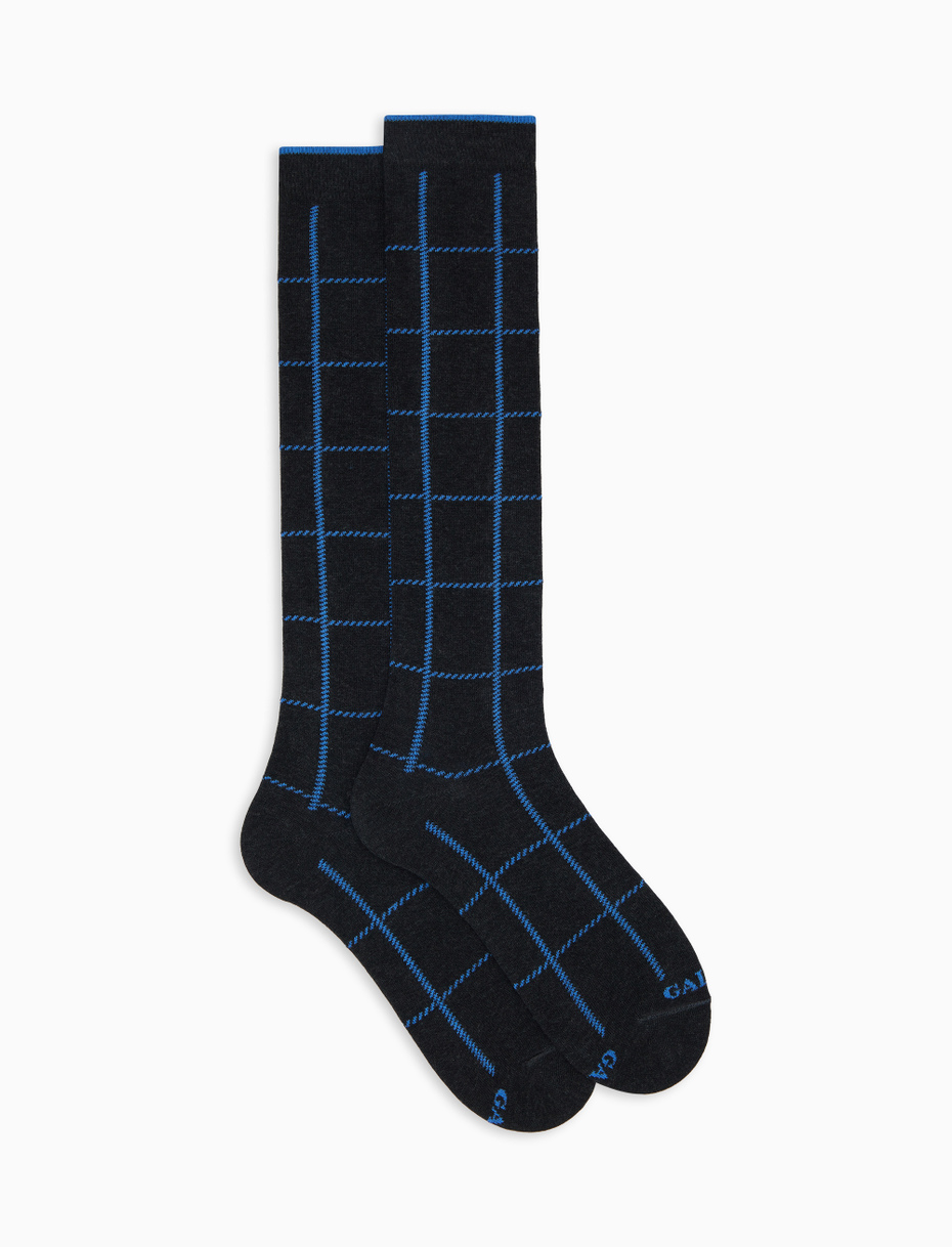 Women's long socks in gray cotton with window pane pattern - Gallo 1927 - Official Online Shop