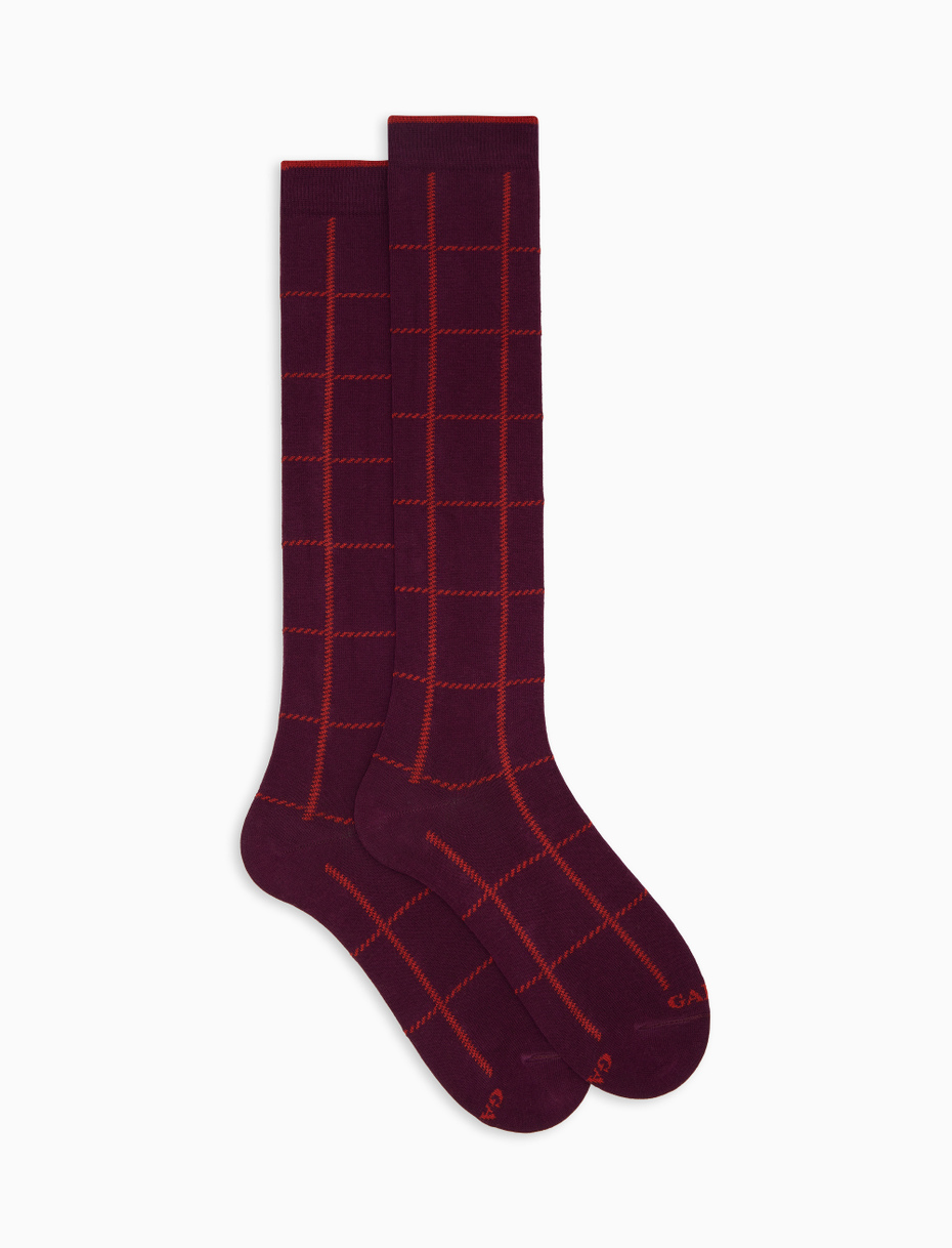 Women's long socks in purple cotton with window pane pattern - Gallo 1927 - Official Online Shop