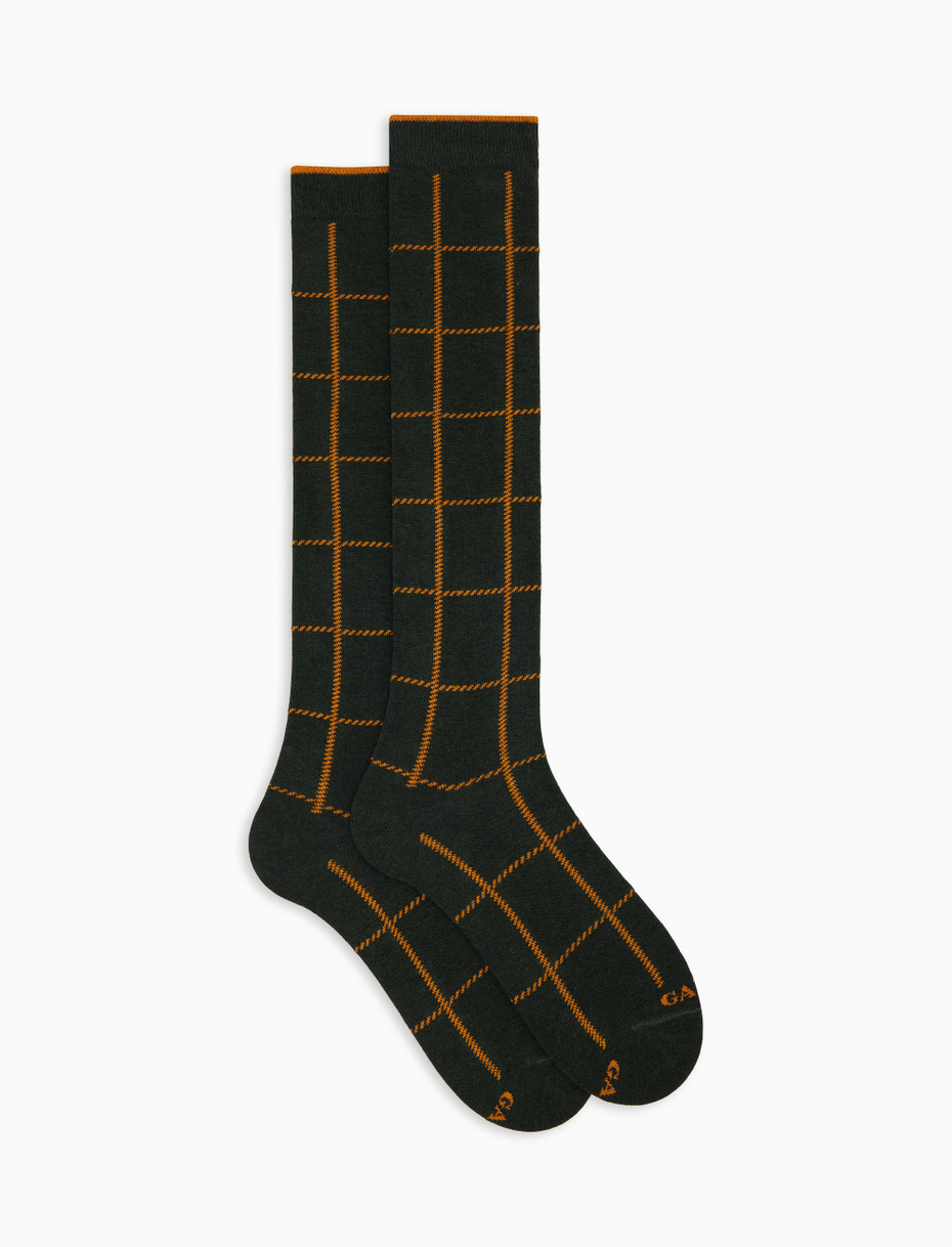 Women's long socks in green cotton with window pane pattern - Gallo 1927 - Official Online Shop