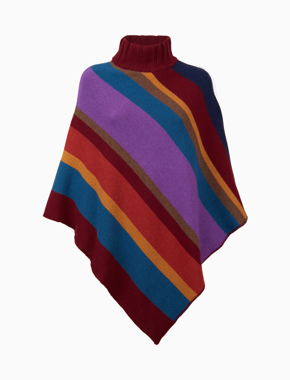 Women's wool, viscose, and cashmere poncho with multicolored burgundy stripes - Gallo 1927 - Official Online Shop