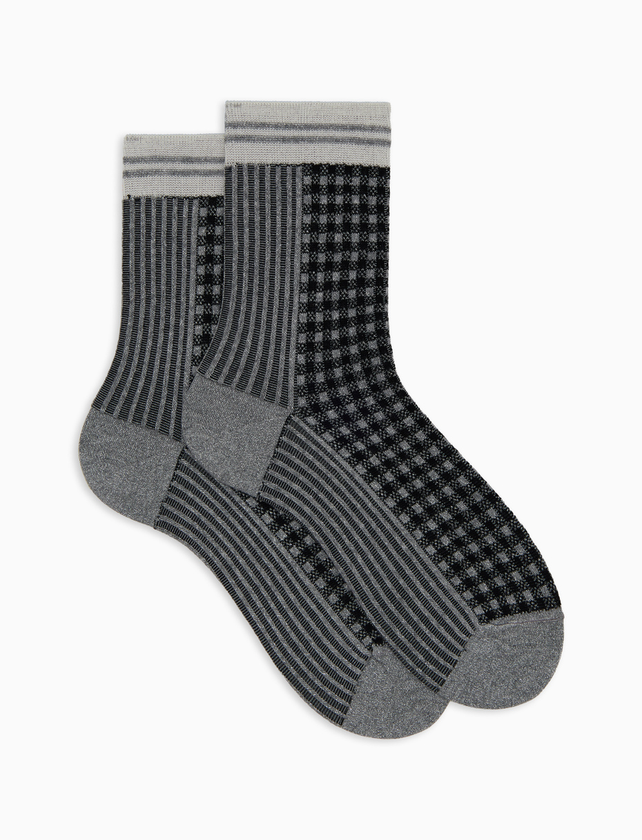 Women's short socks in gray cotton with twin rib and micro tartan pattern with glitter effect - Gallo 1927 - Official Online Shop