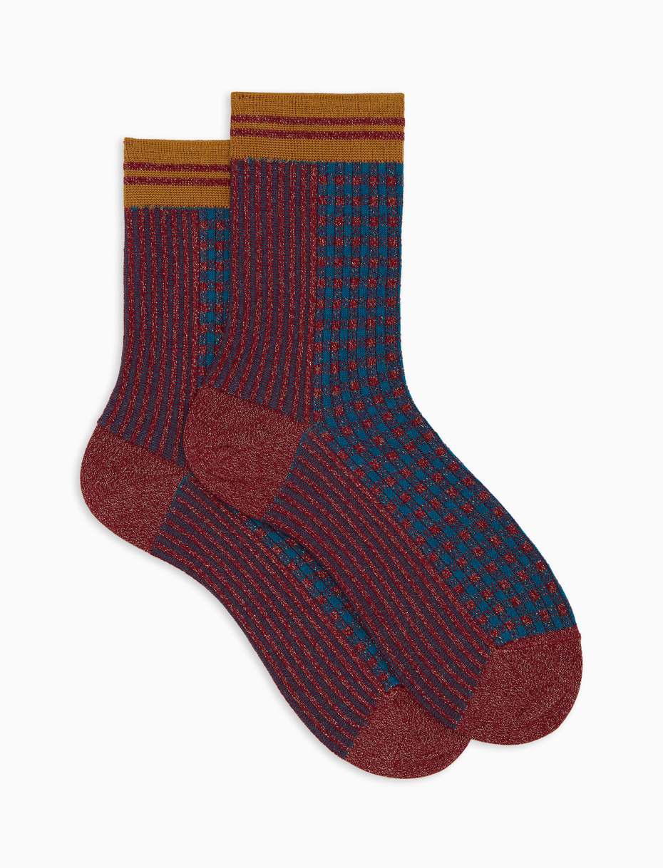 Women's short socks in red cotton with twin rib and micro tartan pattern with glitter effect - Gallo 1927 - Official Online Shop