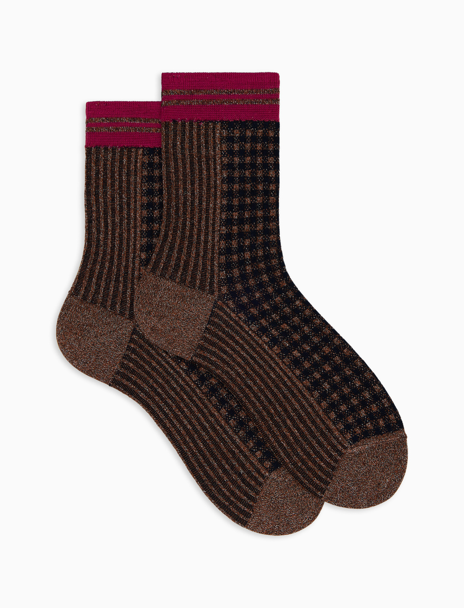 Women's short socks in brown cotton with twin rib and micro tartan pattern with glitter effect - Gallo 1927 - Official Online Shop