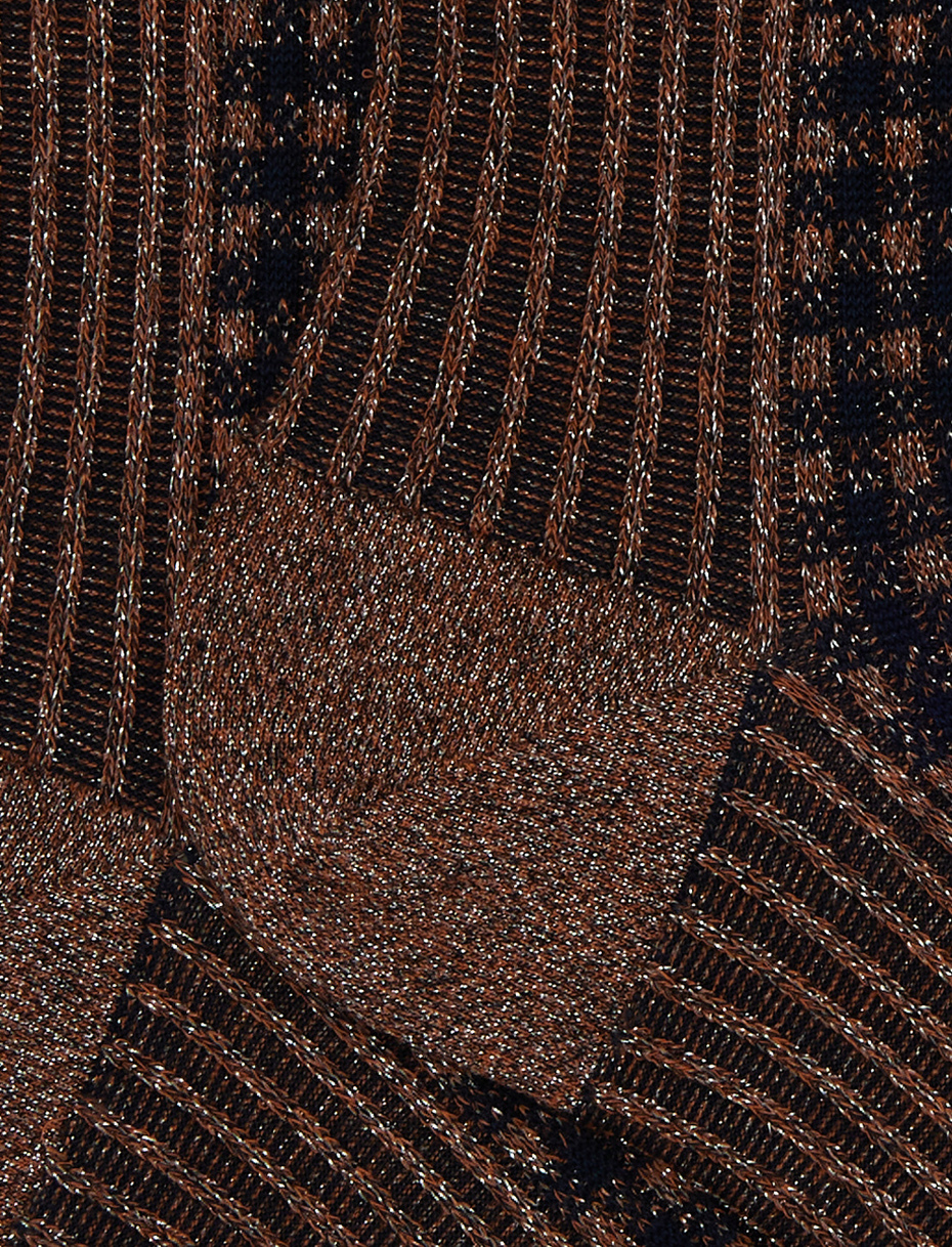 Women's short socks in brown cotton with twin rib and micro tartan pattern with glitter effect - Gallo 1927 - Official Online Shop