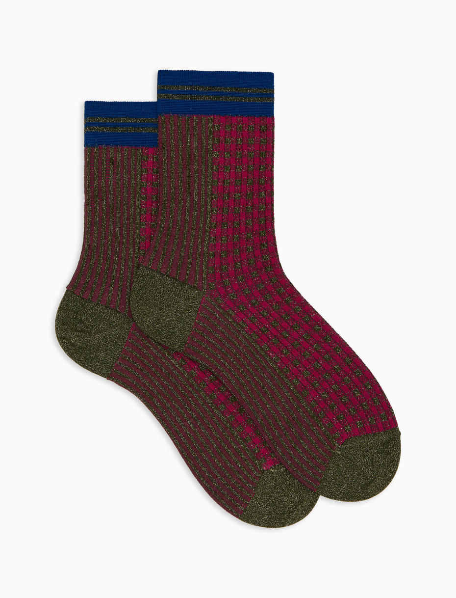 Women's short socks in green cotton with twin rib and micro tartan pattern with glitter effect - Gallo 1927 - Official Online Shop