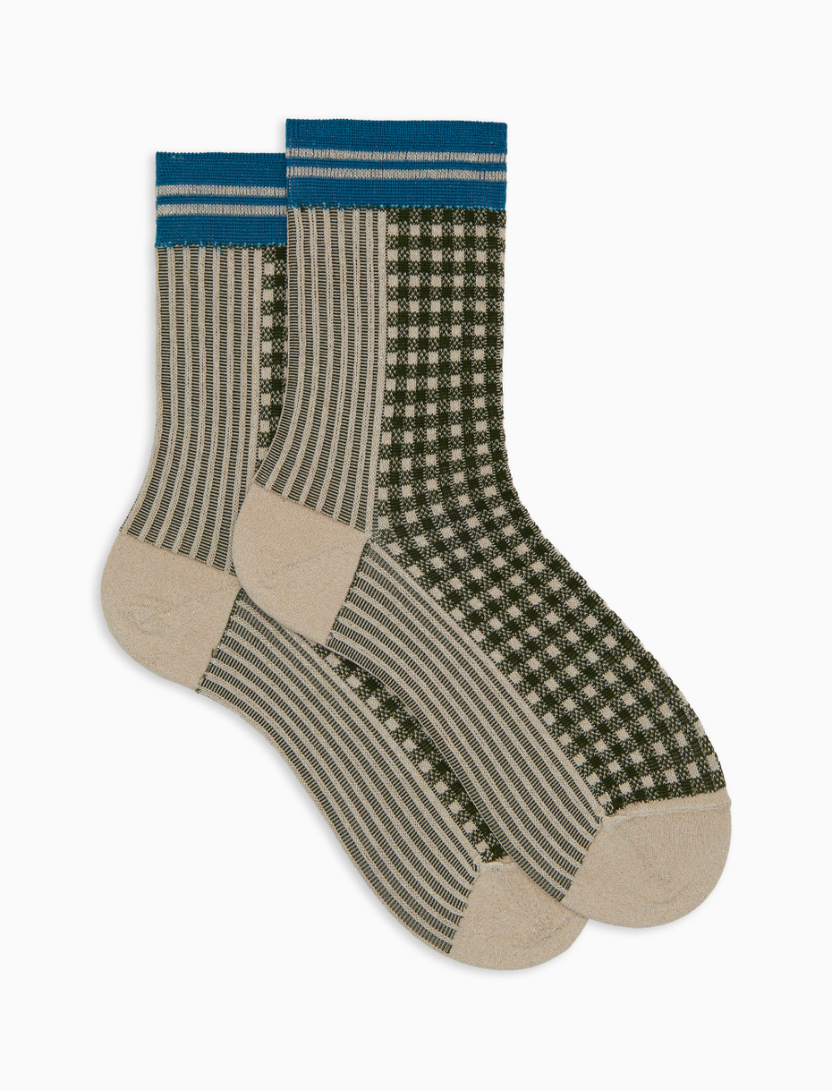 Women's short socks in beige cotton with twin rib and micro tartan pattern with glitter effect - Gallo 1927 - Official Online Shop