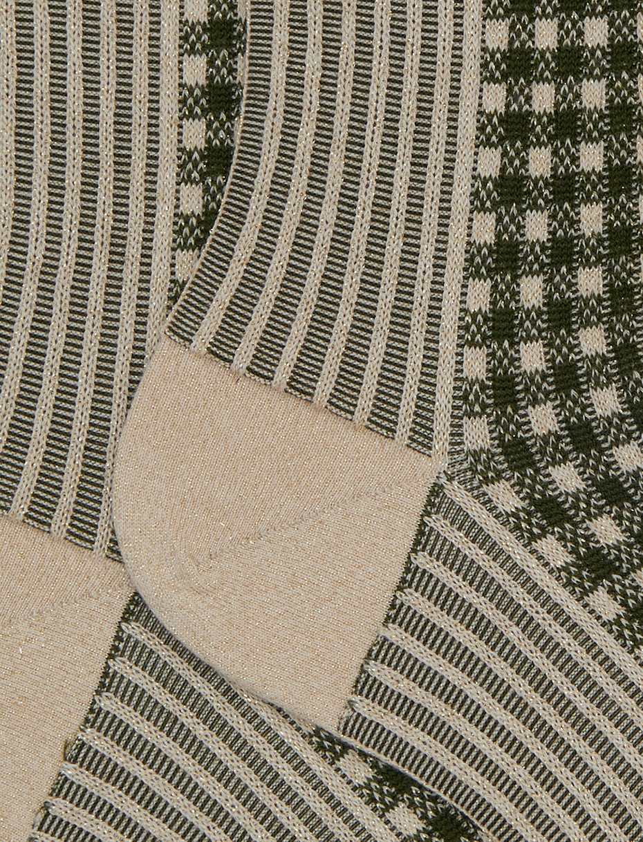 Women's short socks in beige cotton with twin rib and micro tartan pattern with glitter effect - Gallo 1927 - Official Online Shop