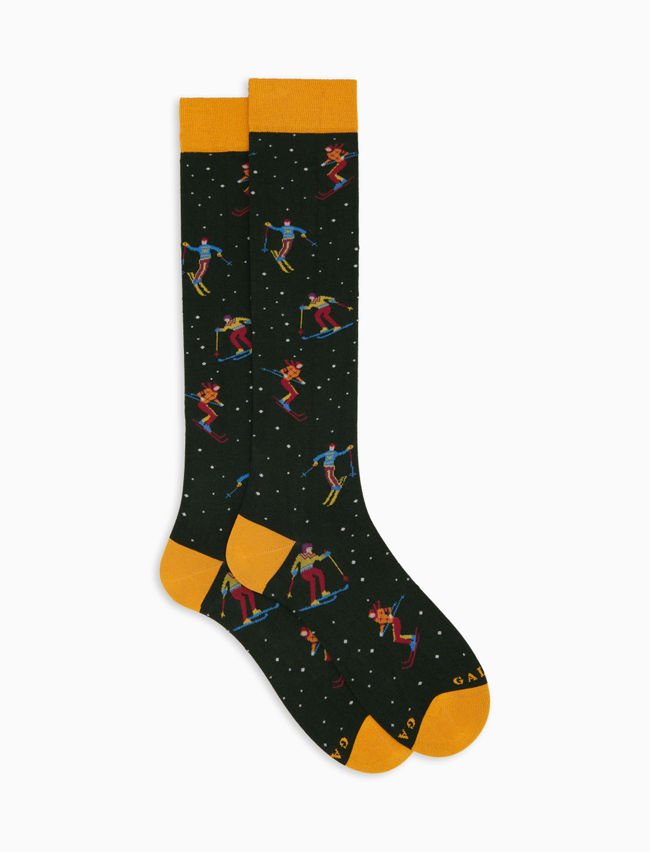 Men's long socks in green cotton with ski pattern - Gallo 1927 - Official Online Shop