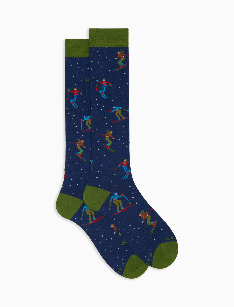 Men's long socks in blue cotton with ski pattern - Gallo 1927 - Official Online Shop