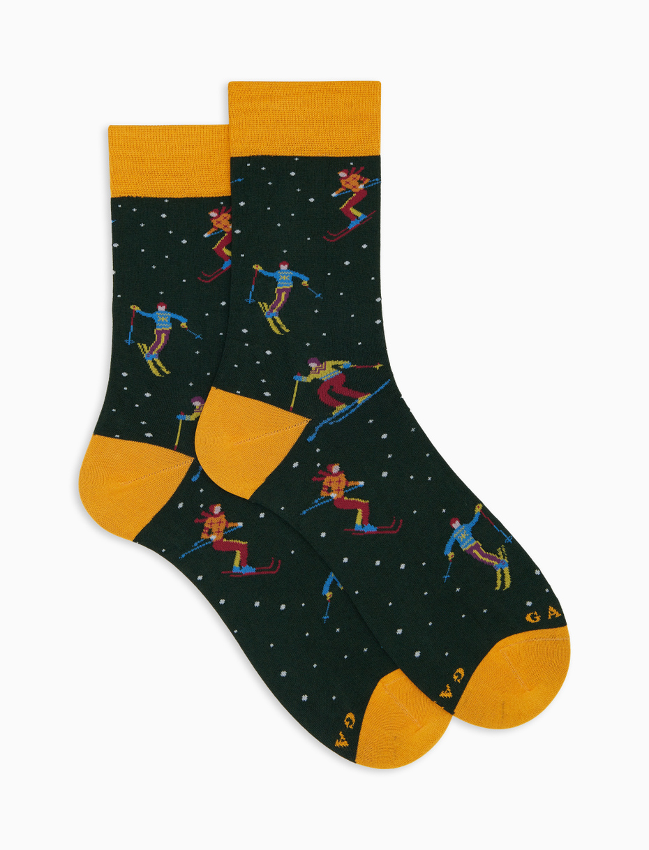 Men's short socks in green cotton with ski pattern - Gallo 1927 - Official Online Shop