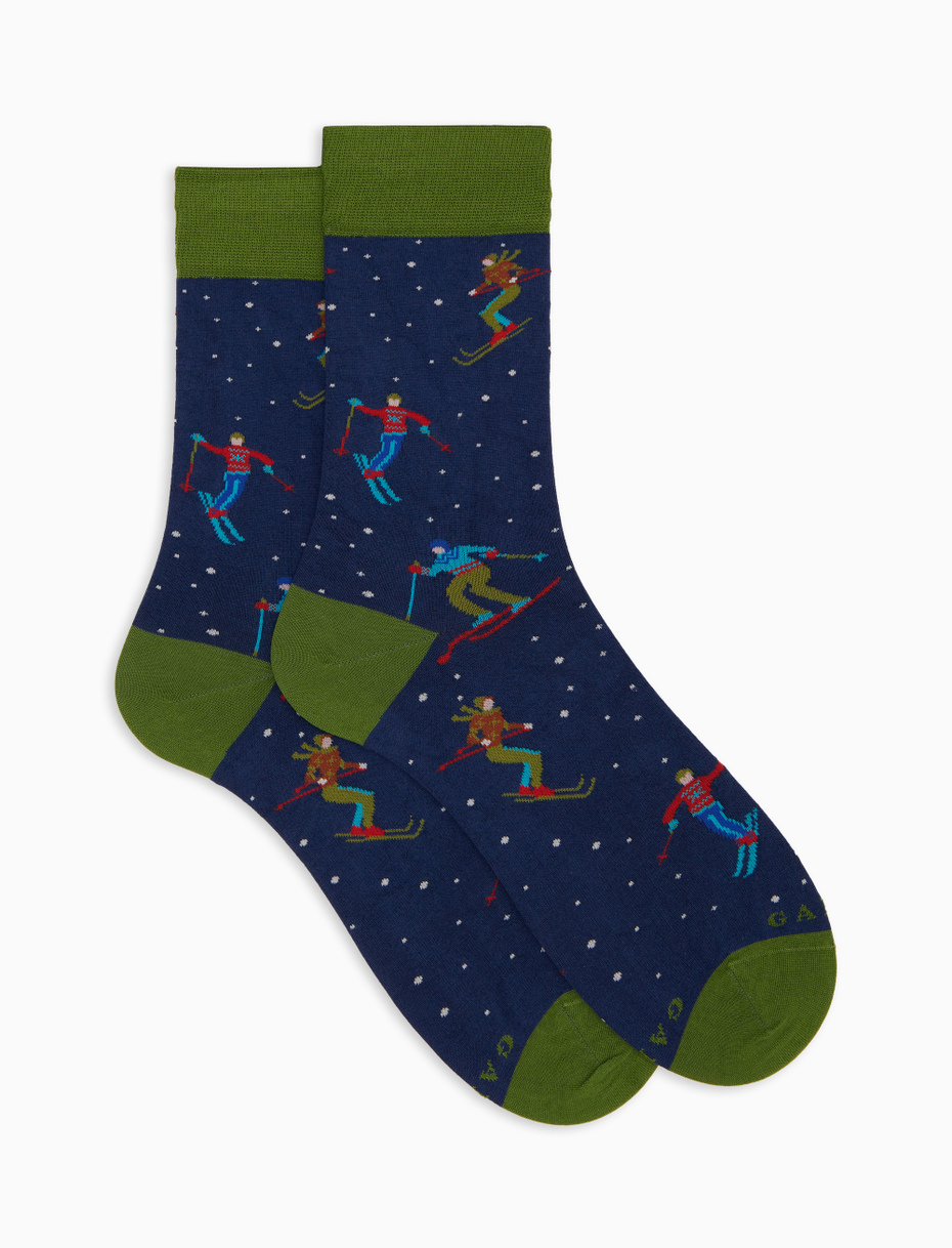 Men's short socks in blue cotton with ski pattern - Gallo 1927 - Official Online Shop