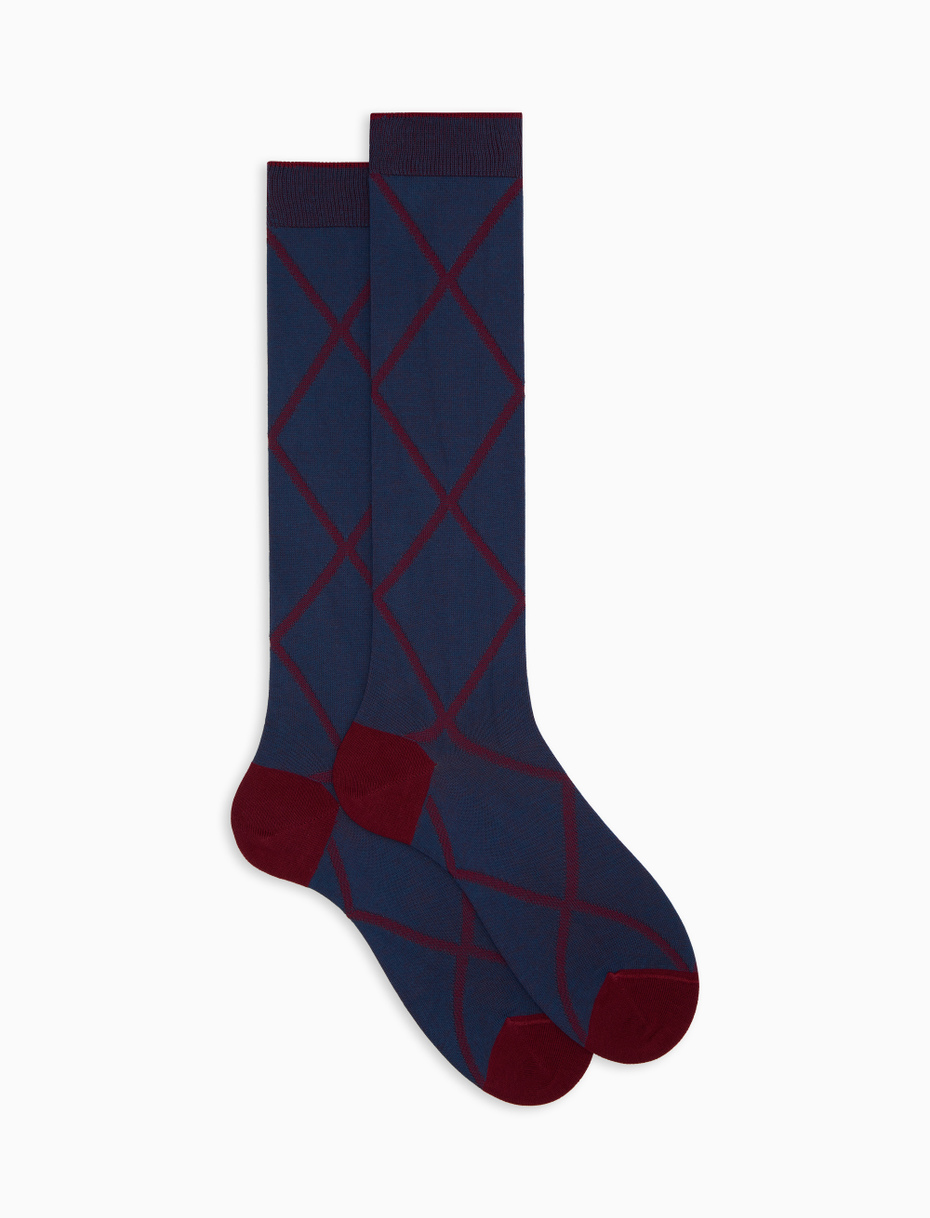 Men's long socks in blue cotton with diamond pattern - Gallo 1927 - Official Online Shop