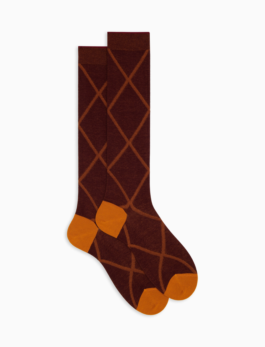 Men's long socks in burgundy cotton with diamond pattern - Gallo 1927 - Official Online Shop