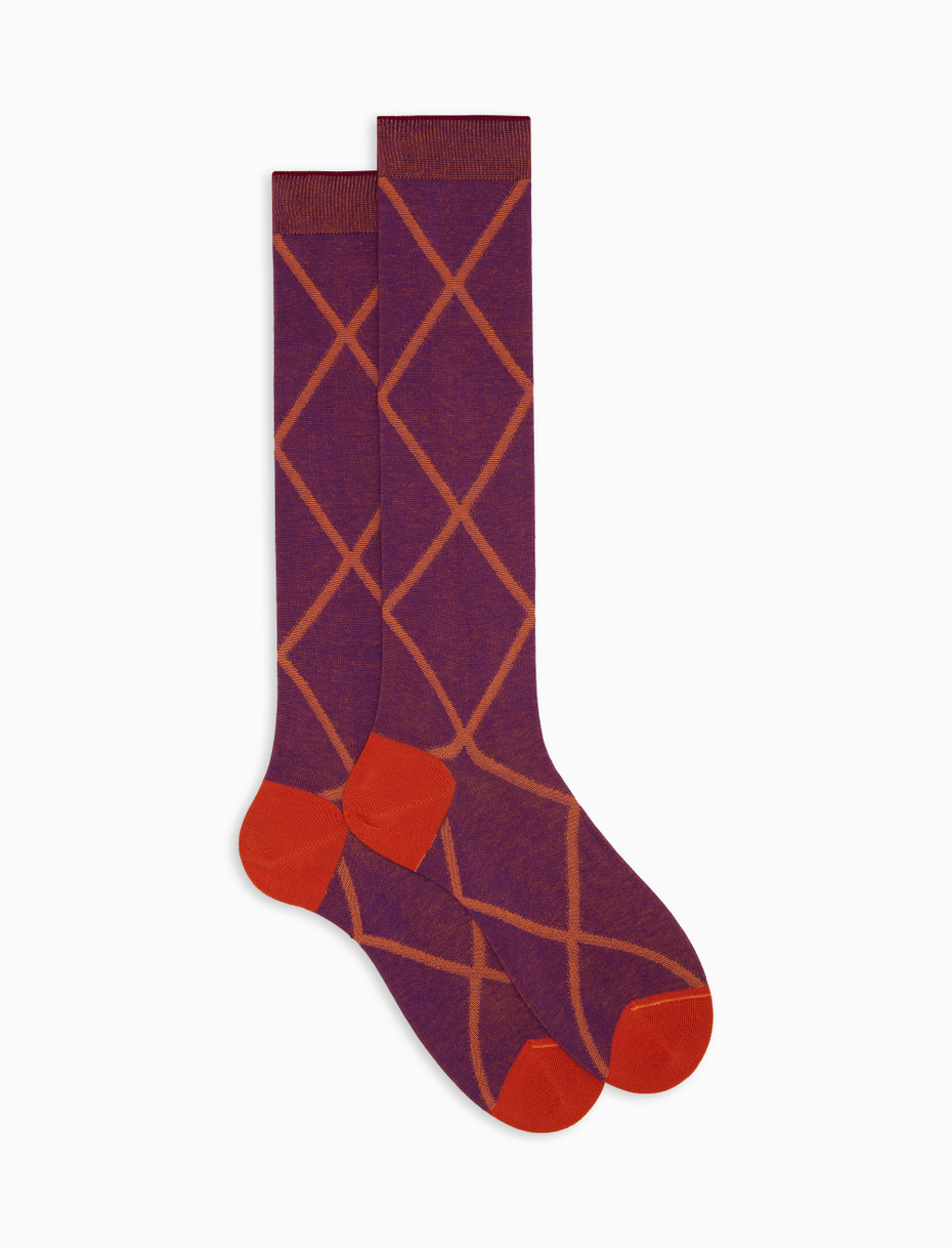 Men's long socks in purple cotton with diamond pattern - Gallo 1927 - Official Online Shop