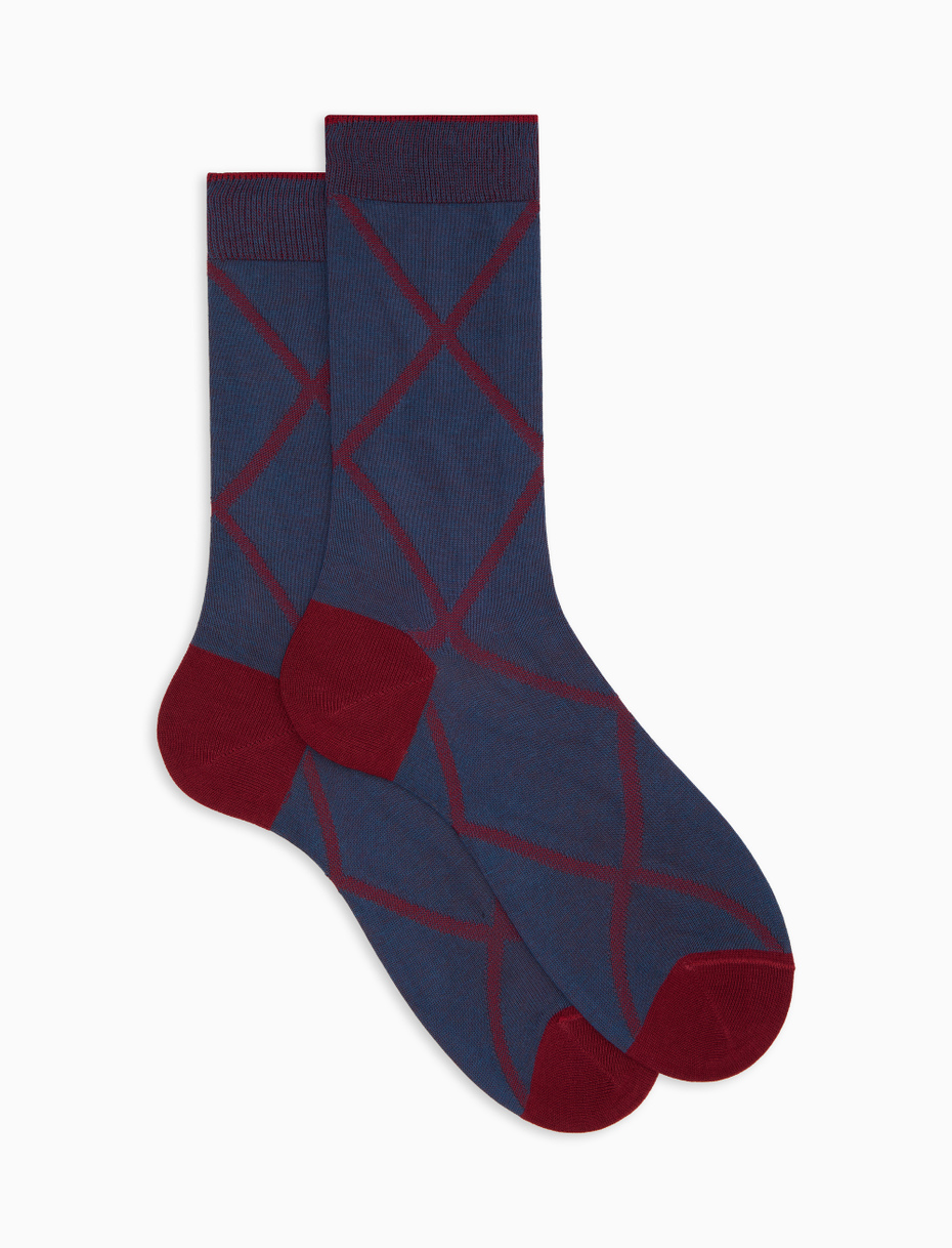 Men's short socks in blue cotton with diamond pattern - Gallo 1927 - Official Online Shop
