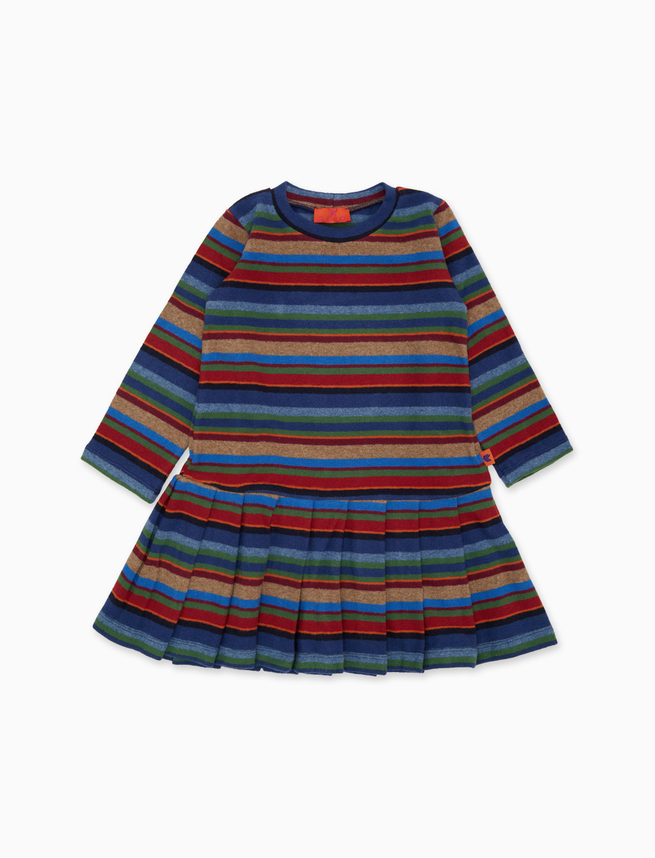 Long-sleeved blue fleece dress for girls with multicolored stripes, low waist, and pleated skirt - Gallo 1927 - Official Online Shop