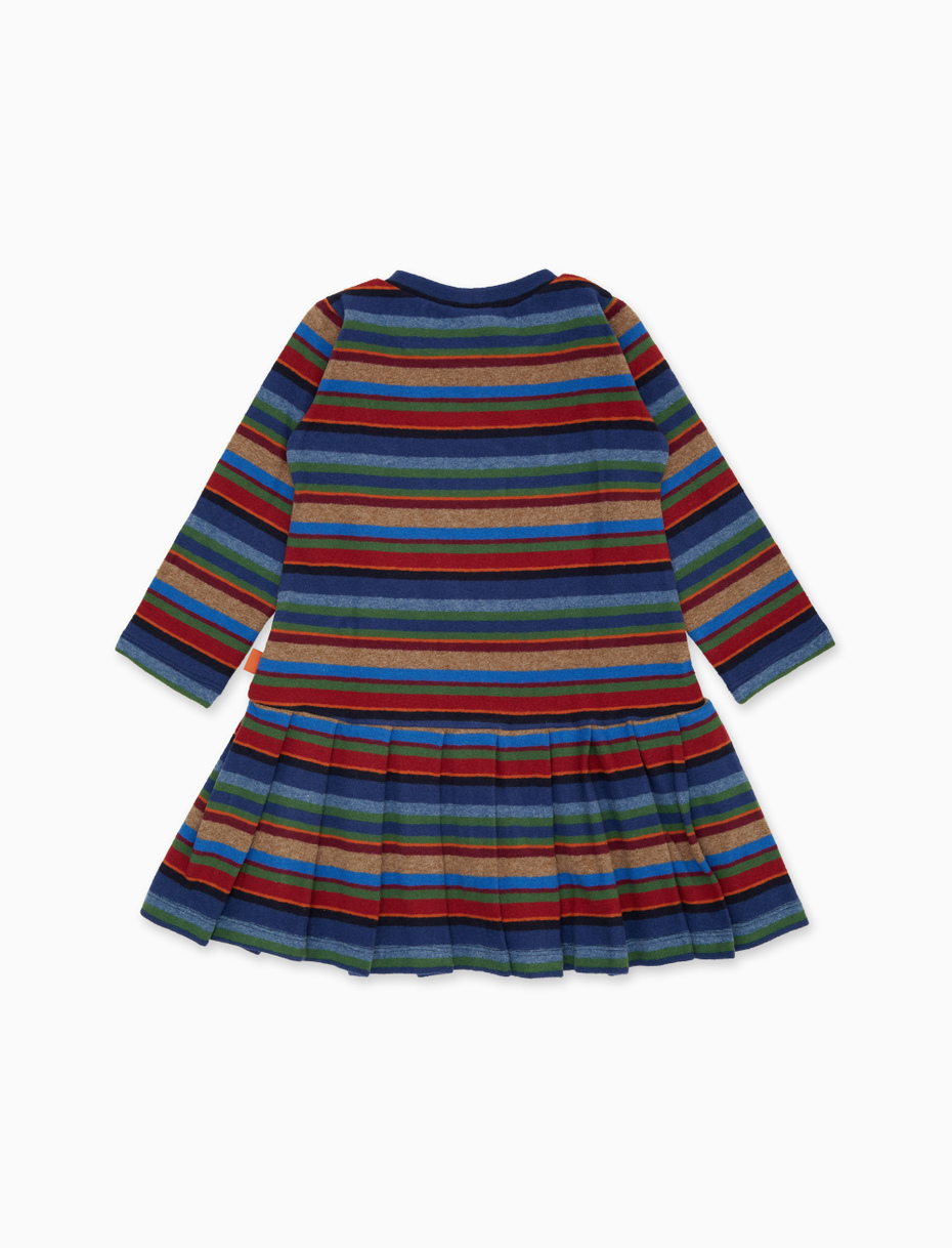 Long-sleeved blue fleece dress for girls with multicolored stripes, low waist, and pleated skirt - Gallo 1927 - Official Online Shop