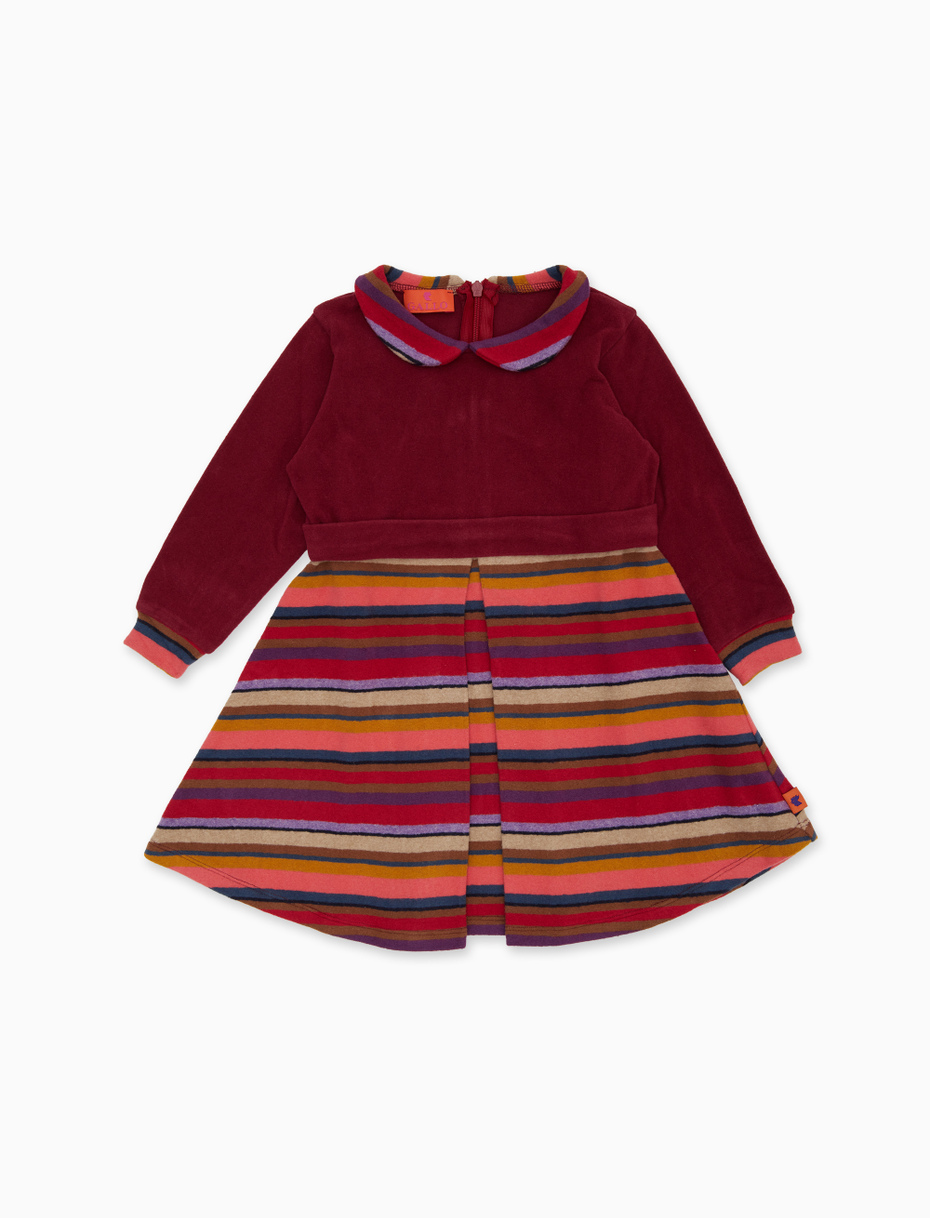 Long-sleeved burgundy fleece dress for girls with multicolored stripes and plain bodice - Gallo 1927 - Official Online Shop
