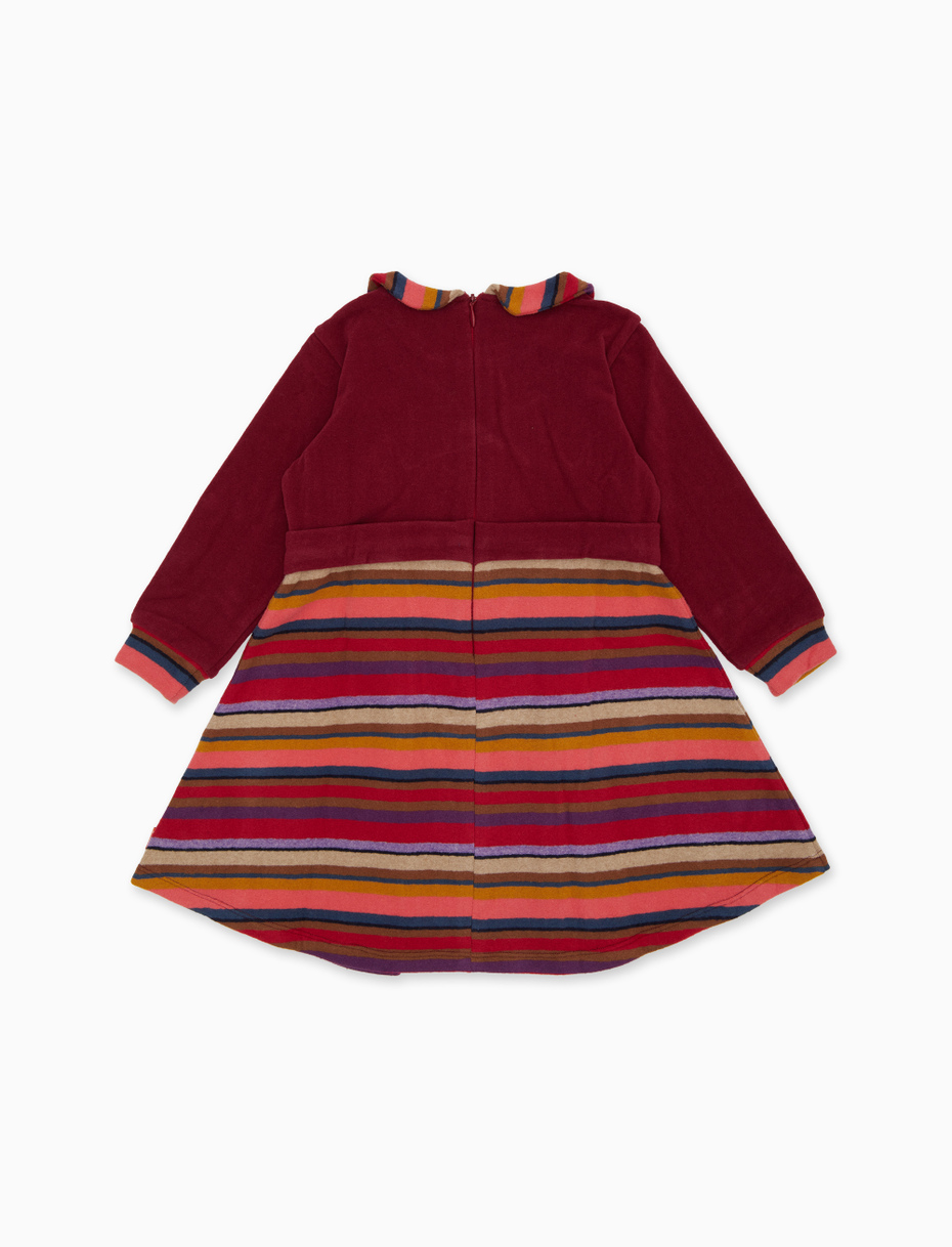 Long-sleeved burgundy fleece dress for girls with multicolored stripes and plain bodice - Gallo 1927 - Official Online Shop