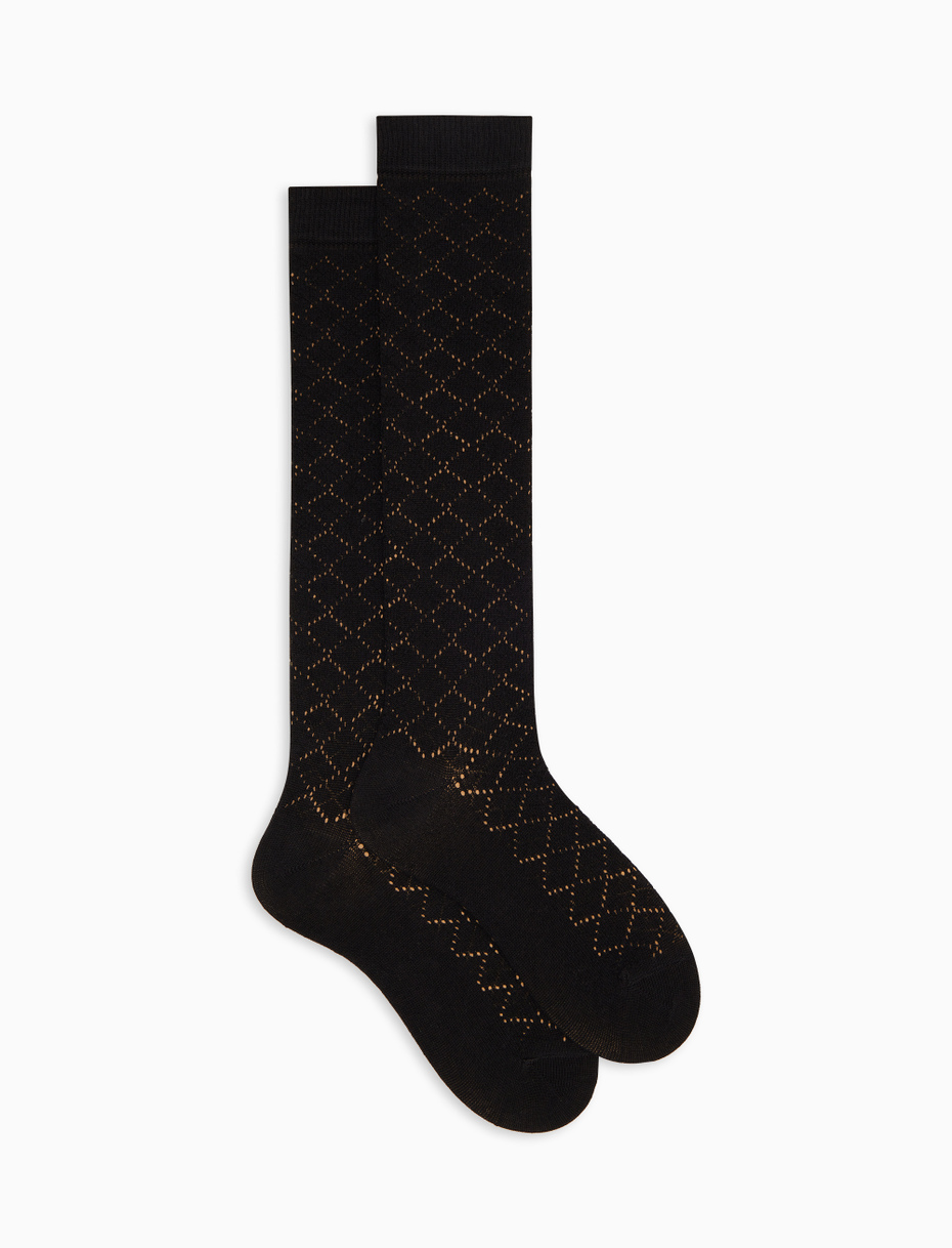 Women's long perforated socks in plain black cotton and cashmere - Gallo 1927 - Official Online Shop