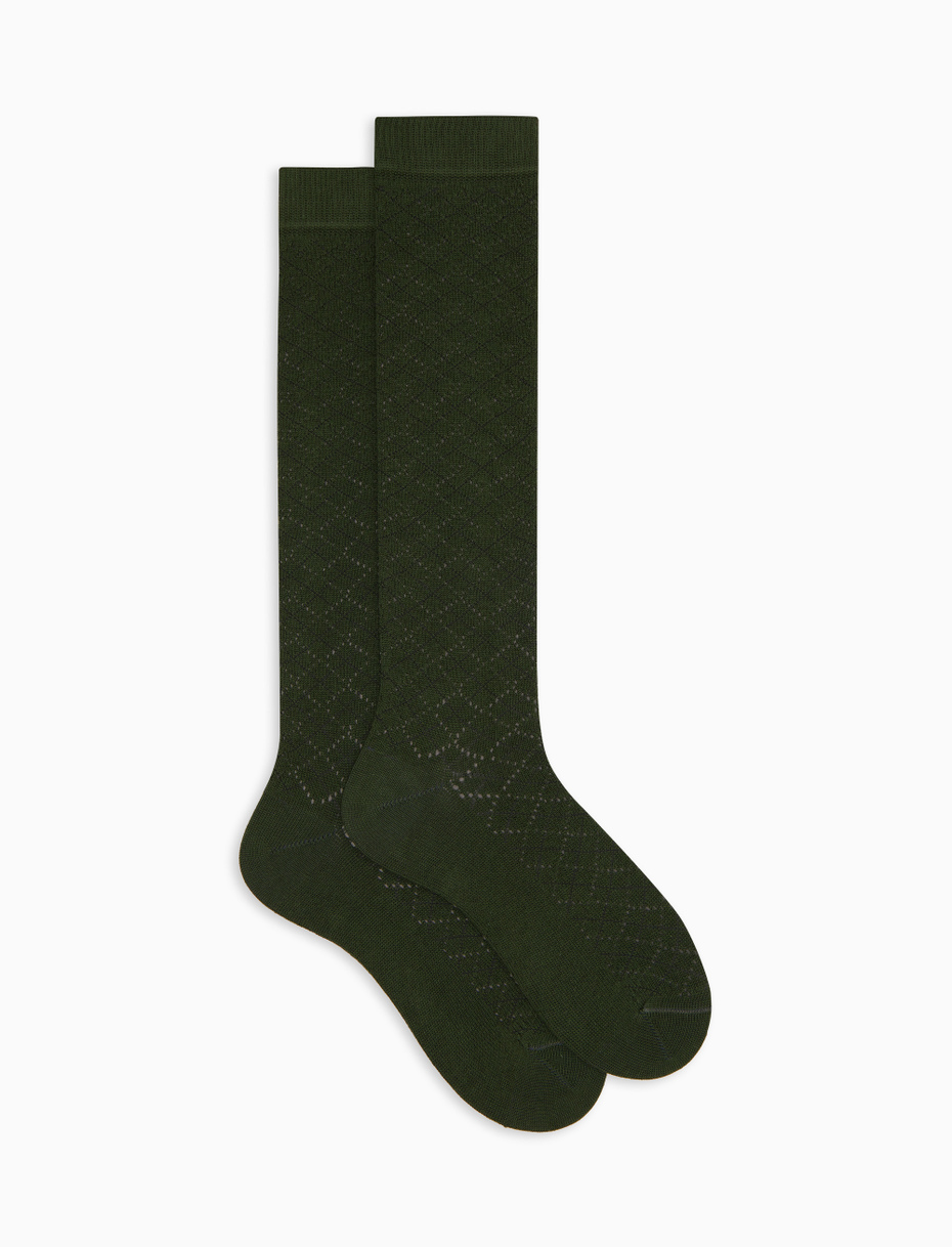 Women's long perforated socks in plain green cotton and cashmere - Gallo 1927 - Official Online Shop