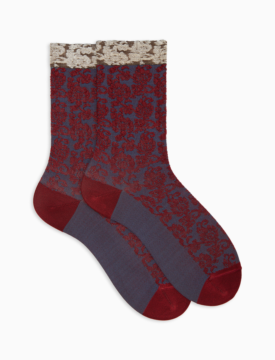 Women's burgundy viscose short socks with floral brocade pattern - Gallo 1927 - Official Online Shop