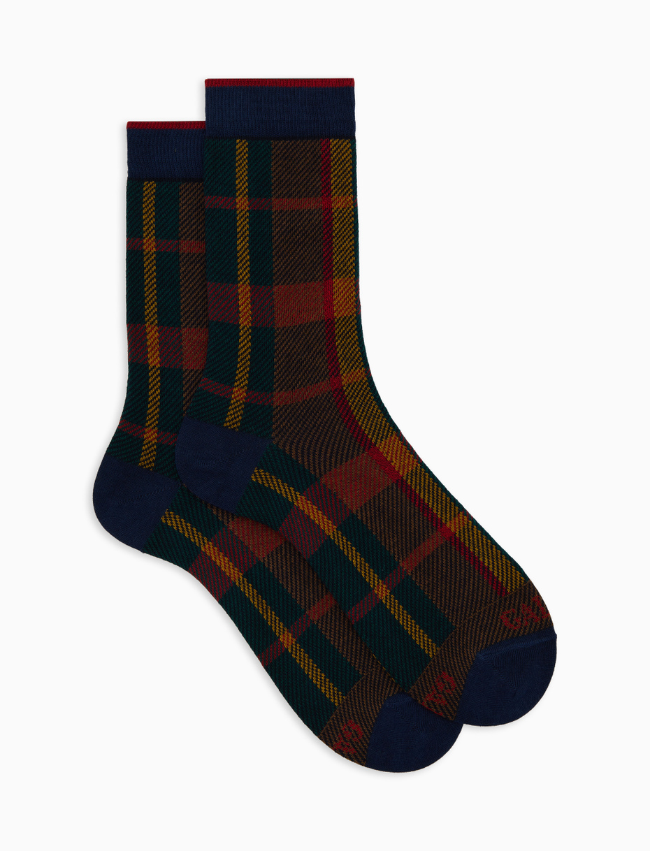 Men's short blue cotton socks with tartan pattern - Gallo 1927 - Official Online Shop